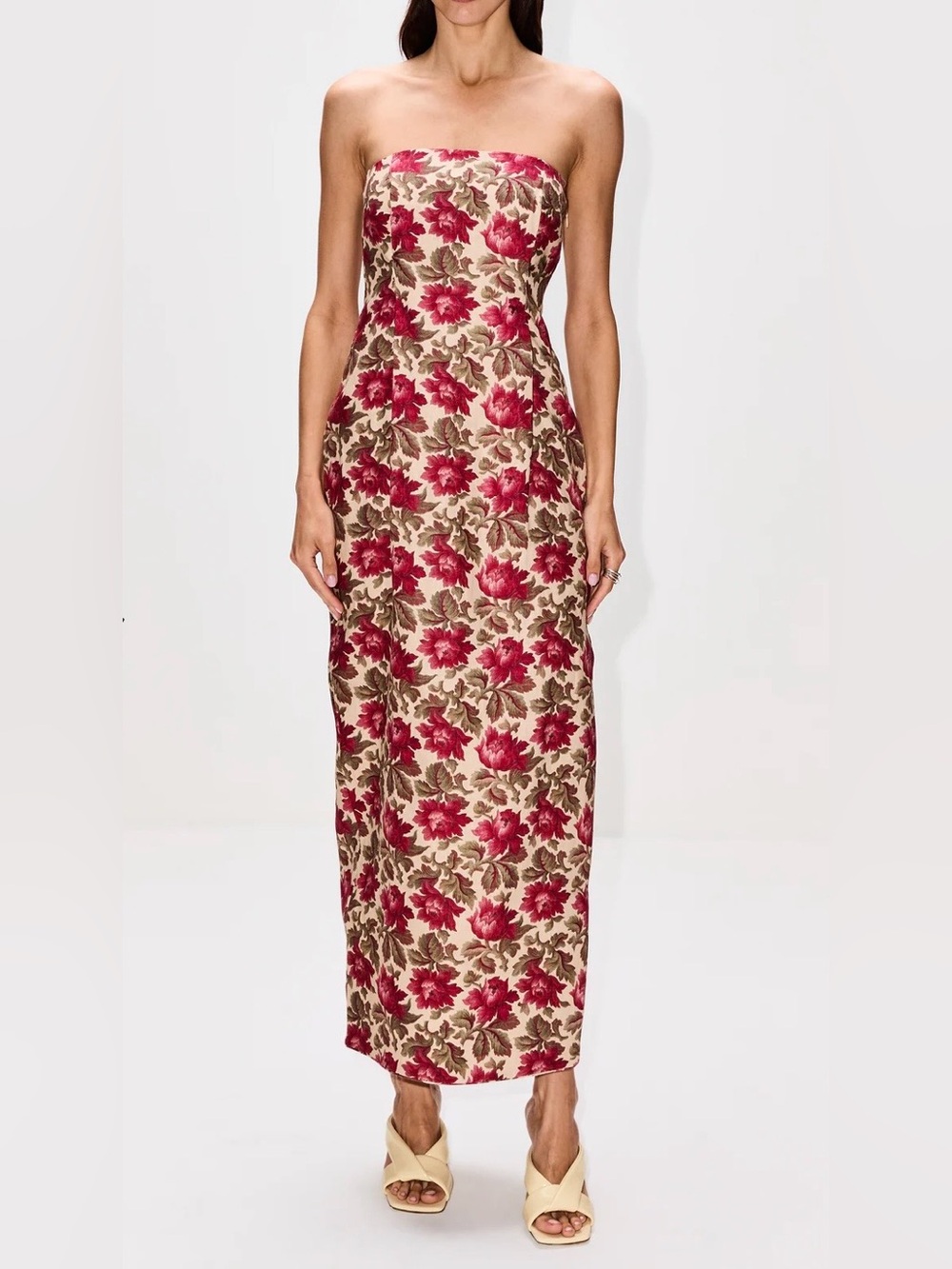 Posse Rosalie Strapless Floral Jacquard Maxi Dress in Red and Cream
